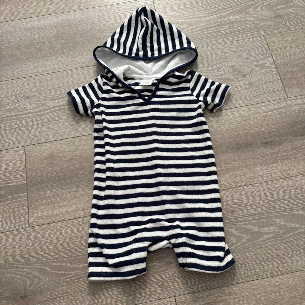 Snapper Rock Kids Navy‎ Blue White Stripe Pocket Hooded Romper 6-12 Months